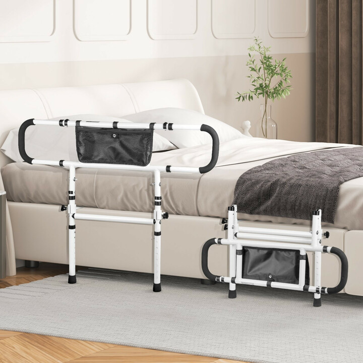 Sängyn tukikaide aikuisille, 180° kääntyvä, säädettävä korkeus 730–1030 mm, liukumaton kahva, säilytystasku