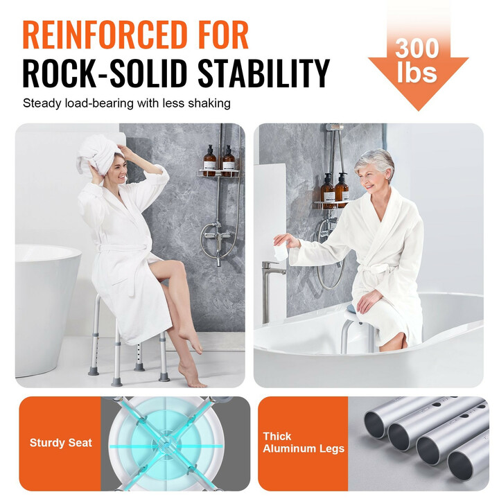 Suihkujakkara 360° kääntyvä, säädettävä korkeus 360–485 mm, liukuestetassut, alumiini + PP, max 136,1 kg