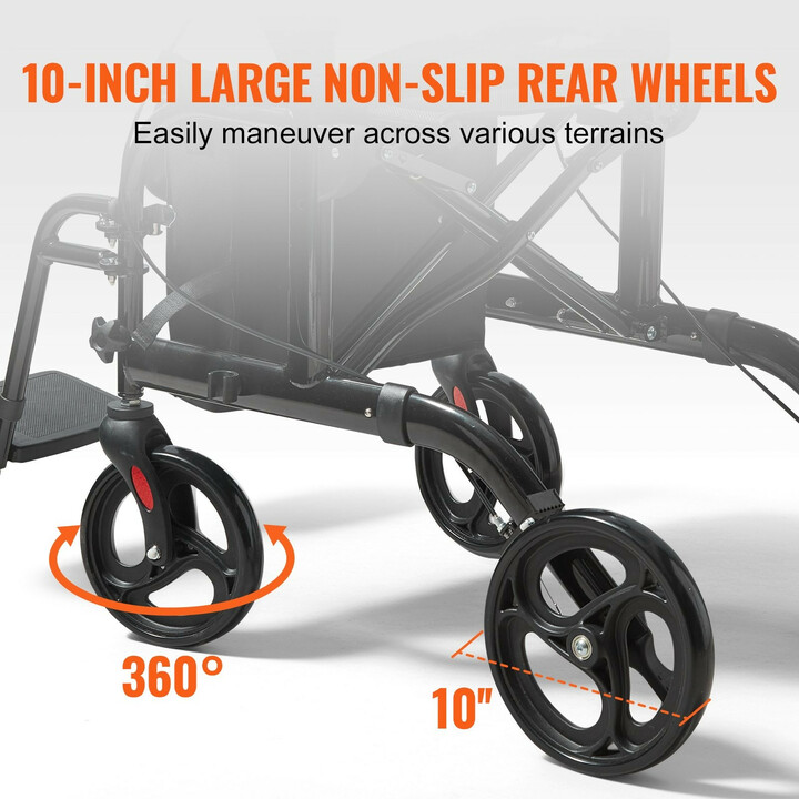 2-in-1 rollaattori ja kuljetustuoli, taitettava, alumiinia, kantavuus 136 kg, musta