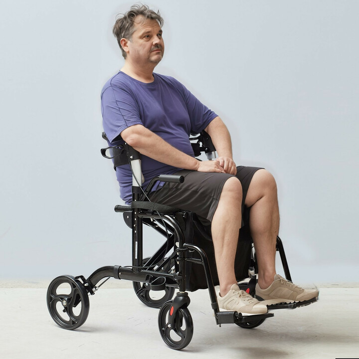 2-in-1 rollaattori ja kuljetustuoli, taitettava, alumiinia, kantavuus 136 kg, musta