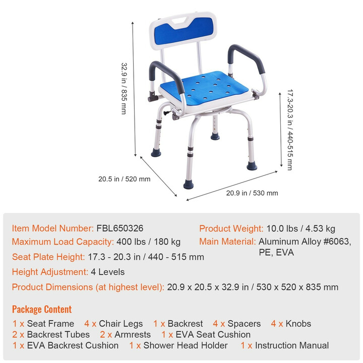 Kääntyvä suihkutuoli FBL650326, 360° istuin, säädettävä korkeus, kantavuus 180 kg