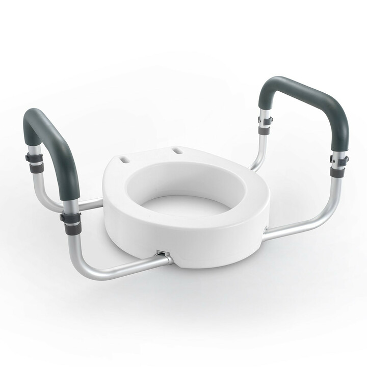 Korotettu wc istuin 88 9 mm korotus alumiini muovi pehmustetut käsinojat 136 kg kantavuus