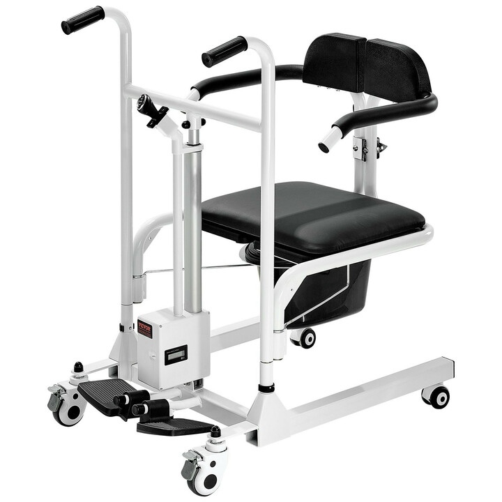 Sähköinen potilasnostin ja siirtotuoli alusastialla, 180° jaettava istuin, IPX44, lukittavat pyörät, kantavuus 100 kg