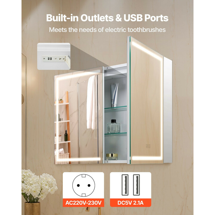 Valaistu lääkekaappi peilillä 60 x 80 cm, LED 3-väri himmennettävä, muistitoiminto, säädettävät hyllyt, pistorasia ja USB