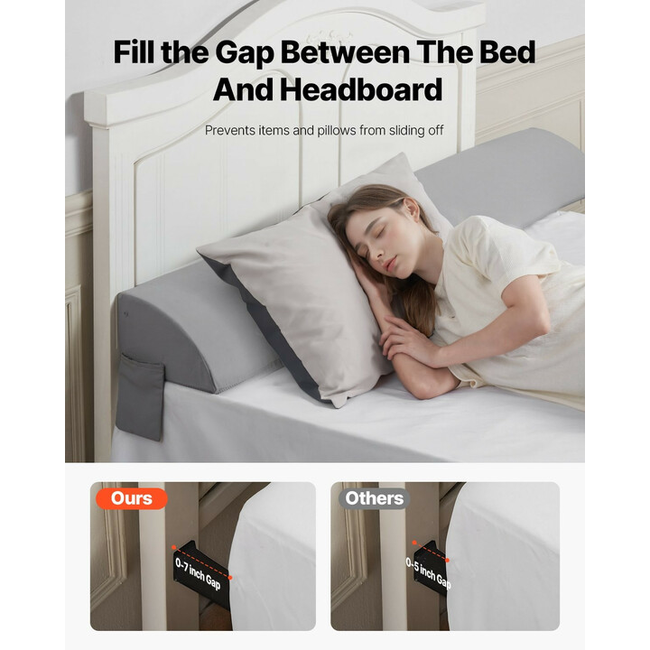 Sängynpäädyn välikappaletyyny 1829 x 255 x 152 mm, 25D vaahtomuovia, harmaa, sivutaskulla