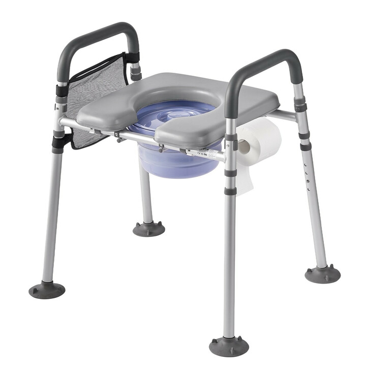 Sängynvierus-wc ja wc-tukituoli 4-in-1, säädettävä, 227 kg, pehmustettu istuin ja käsinojat, irrotettava 5 l ämpäri senioreille