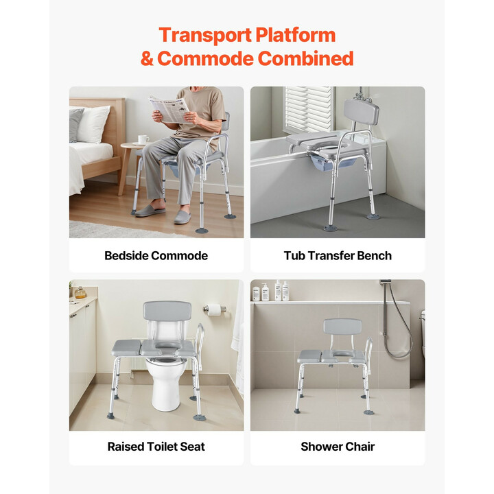 Monikäyttöinen yöpöydän WC-tuoli 4-in-1, säädettävä korkeus, teräsrunko, kantavuus 227 kg, ämpäri 5 l