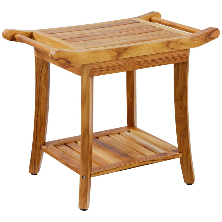 Tiikkipuinen suihkupenkki B3503 560 x 365 x 470 mm säädettävät liukuestejalat säilytyshylly max 136 kg